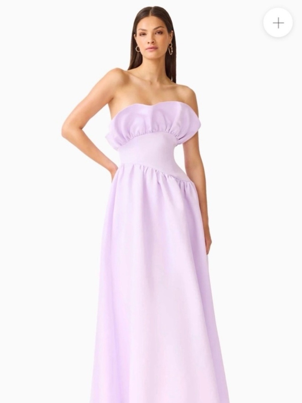 elliatt laurel purple satin ruffle bust boned strapless maxi gown dress medium